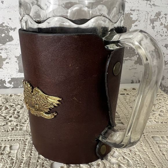 Vtg Noymer Beer Mugs Leather Covers Snap On EPluribus Unum America Eagle Barware - Picture 8 of 16